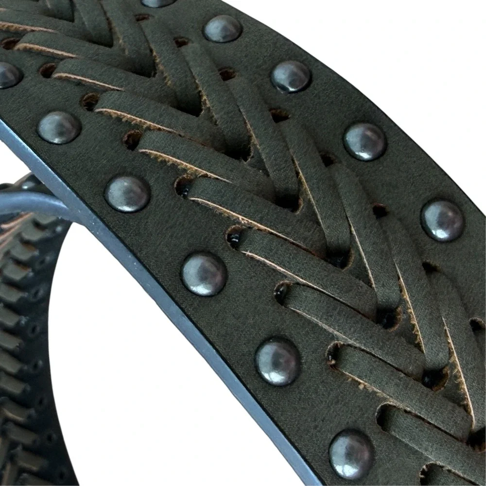 Genuine Leather 6256 Studded Western Belt Braided Whipstitch O Ring M/L Brown